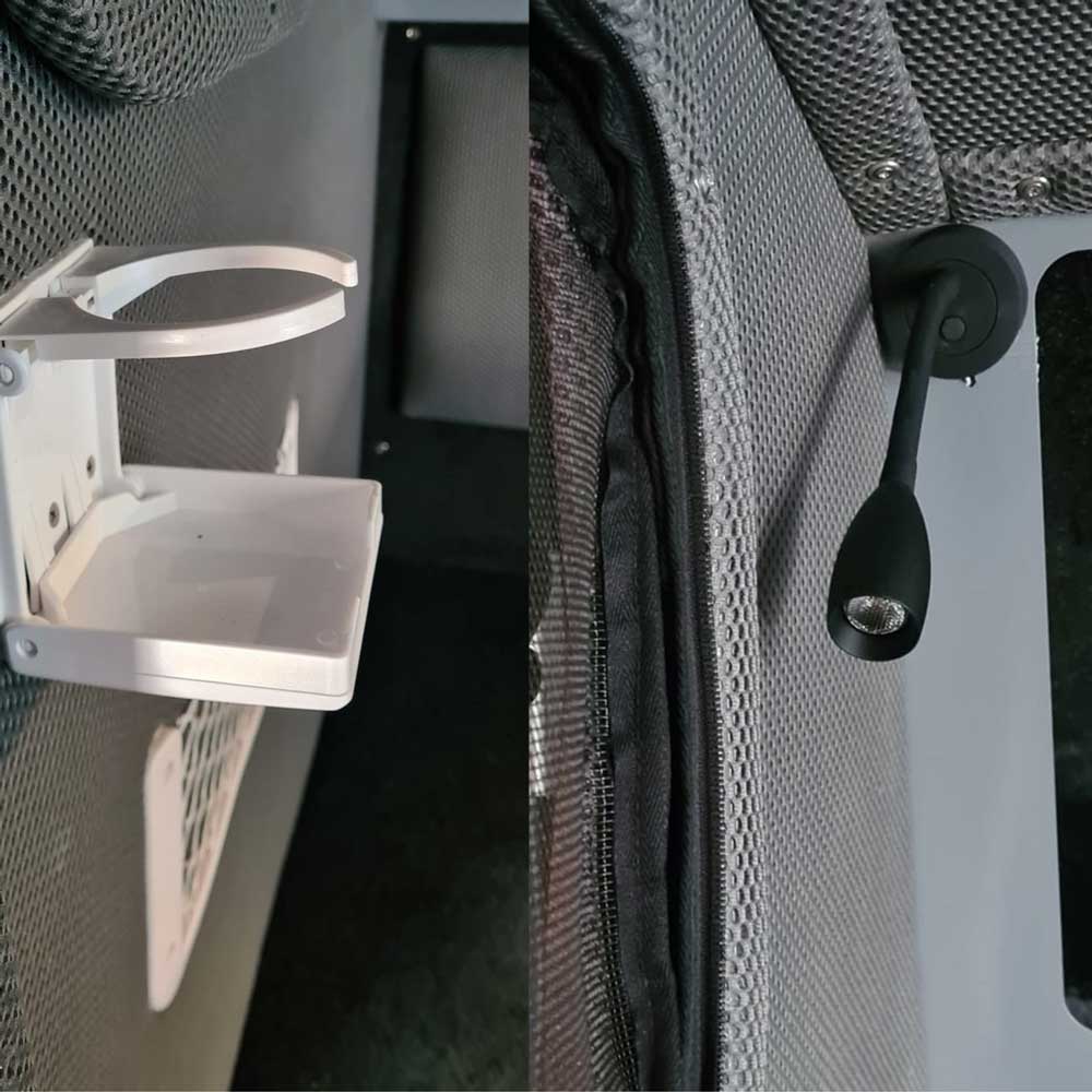 Camper storage upgrades - reading light and drink holder